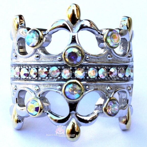 925 Sterling Silver Double Blessing Crown Princess Aurora Borealis Cz Ring Sz 6 - Picture 11 of 16